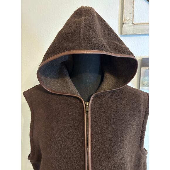 RALPH LAUREN Vintage Lauren Hooded Fleece Vest w Faux Leather Trim Wm Sz XL - Picture 5 of 9